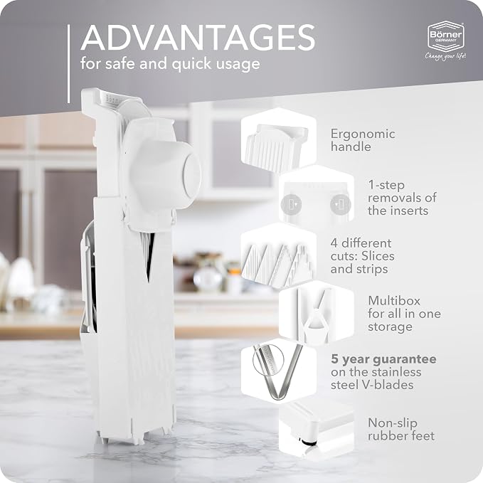 Börner Mandoline Slicer V3 (Starter Set) • V-Slicer for 5 Cutting Styles with Fruit Holder • Adjustable Vegetable Slicer for Vegetables & Fruits • Stainless Steel V-Blade • Color: White