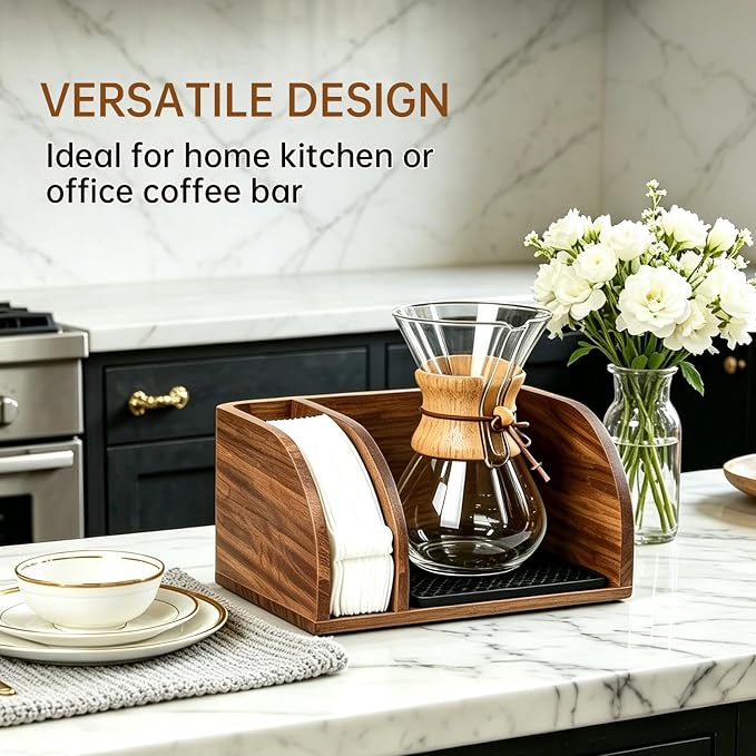 Acacia Coffee Caddy Station Organizer Stand for Chemex Pour Over Maker | Wood Coffee Filter Holder Storage for Countertop, Coffee Bar for Pour Over Chemex Bodum Cosori Coffee Maker with Dripper Mat