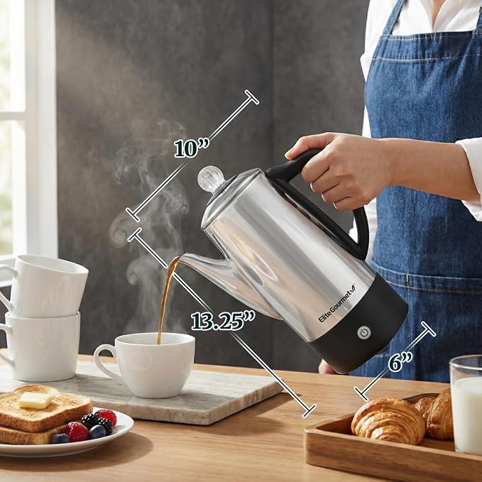 Elite Gourmet EC812 Electric 12-Cup Coffee Percolator, Stainless Steel | Keep Warm, clear brew progress knob, cool-touch handle, cordless serving base - great for entertaining