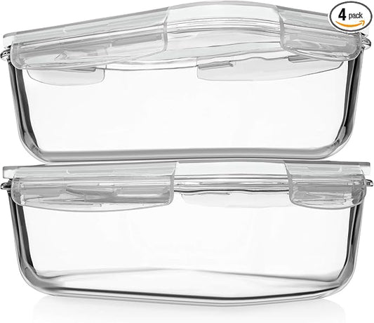 Razab 4 PC 1860ml / 63 Oz / 8 Cups Large Glass Food Storage Containers with Lids - Glass Meal Prep Containers for Roasting & Storing Leftover, Lunch Container with Lids, Microwave & Oven Safe