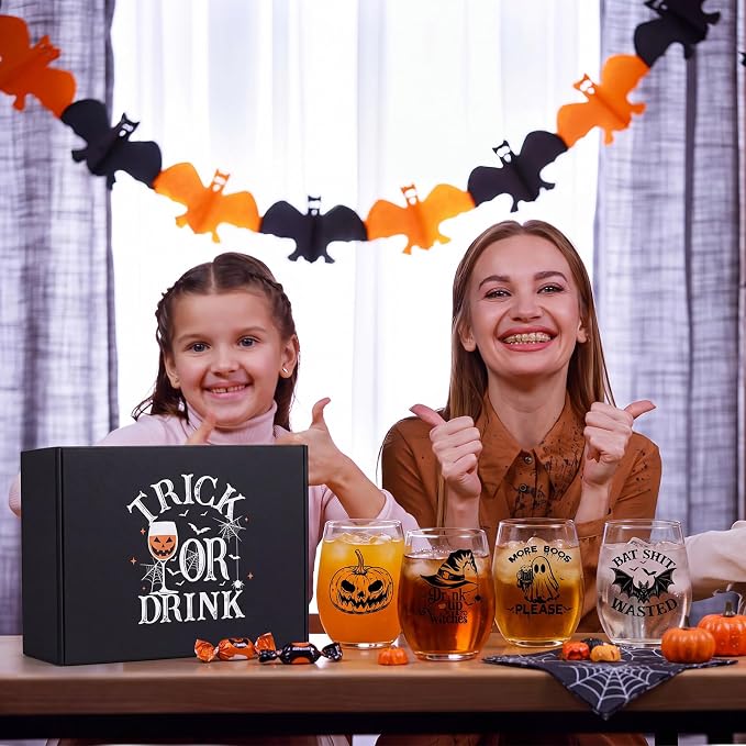 Qinyoung 7 Pcs Halloween Wine Glasses Pumpkin Witch Ghost | with Gift Box, Stemless, Funny Quotes on Glasses, Spider Bat Prints, Home Bar, Entertaining