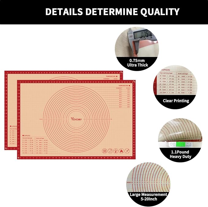 Extra Large Silicone Pastry Mat for Counter Rolling Dough,36x24 Inch,0.75mm Thick,Non Slip Silicone Baking Mat with Measurement(36 x 24 In,Red)