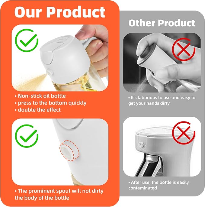 TrendPlain 16oz/470ml Glass Olive Oil Sprayer for Cooking – 2 in 1 Olive Oil Dispenser Bottle for Kitchen Gadgets and Air Fryer Accessories, Salad, BBQ - White