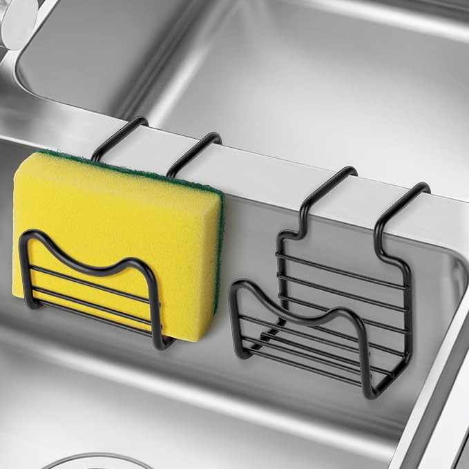 2 Pack Sponge Holder for Kitchen Sink | Movable Hanging Sponge Caddy Organizer, Stainless Steel Caddy in Over Double Bowl Sink for Stopper, Brush