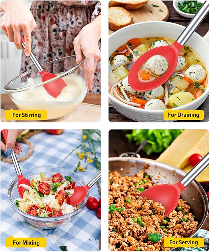 BUNDLEPRO Silicone Cooking Spoons for Non Stick Cookware, 2 Pack, RED | Heat Resistant, Large Kitchen Spoons for Mixing, Serving, Draining, Stirring