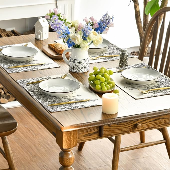 Artoid Mode Grey Antique Herbs and Wild Flowers Spring Placemats Set of 4, 12x18 Inch Seasonal Table Mats for Party Kitchen Dining Decoration