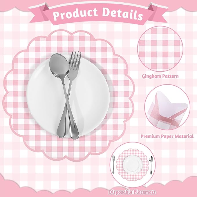 60Pcs Pastel Gingham Paper Placemats,13.5 Inch Scalloped Checkered Placemat | Disposable Tea Party Place Mats for Table Setting Baby Shower Wedding Bridal Banquet Birthday Decorations,4 Colors
