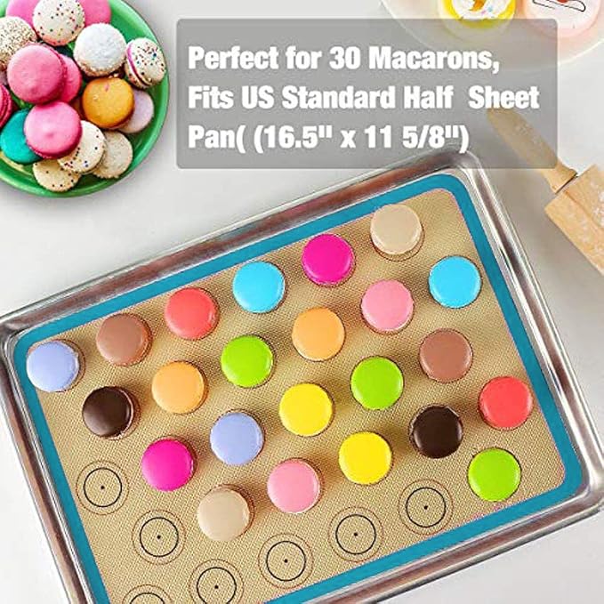 Macaron Silicone Baking Mat - 2 Non Stick Silicon Macaroon Baking Sheet | Cookie Liner(BPA Free/Reusable/Half Sheet),Perfect Cooking Kit for Macarons,Pastry,Cake and Bread Making (Blue)