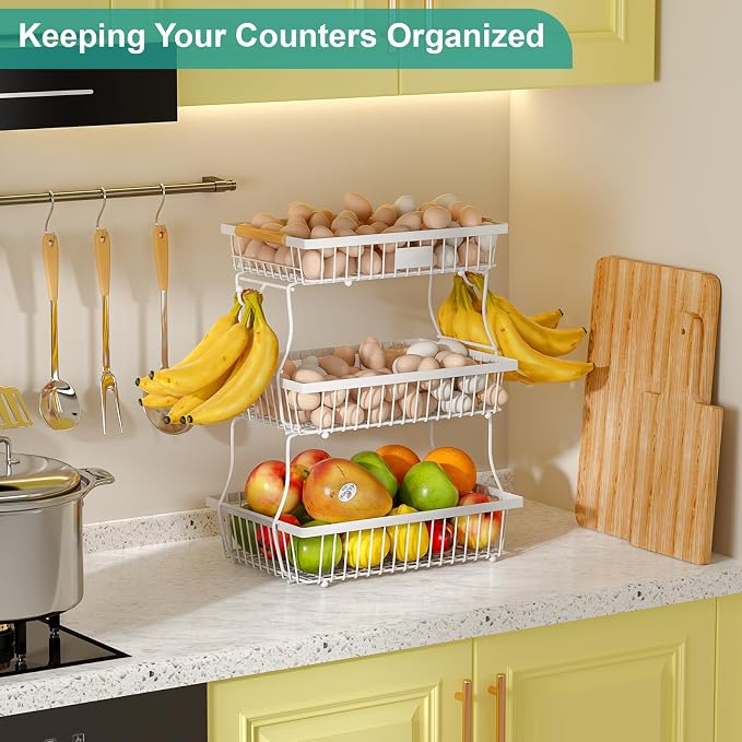 3 Tier Fruit Basket for Kitchen Counter with 2 Banana Hangers, Countertop Metal Fruit Bowl with Wooden Handle, Large Storage Stand for Vegetables, Snacks, Breads, Produce Storage – White