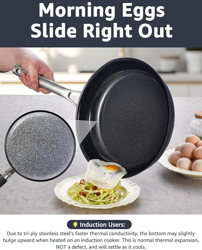 12 In Ceramic Nonstick Frying Pan, Tri-Ply Stainless Steel Skillet | PFOA/PFOS Free Cookware, Induction & Oven Compatible, Detachable Handle, Metal Utensils Safe, Compatible for 3-4 People