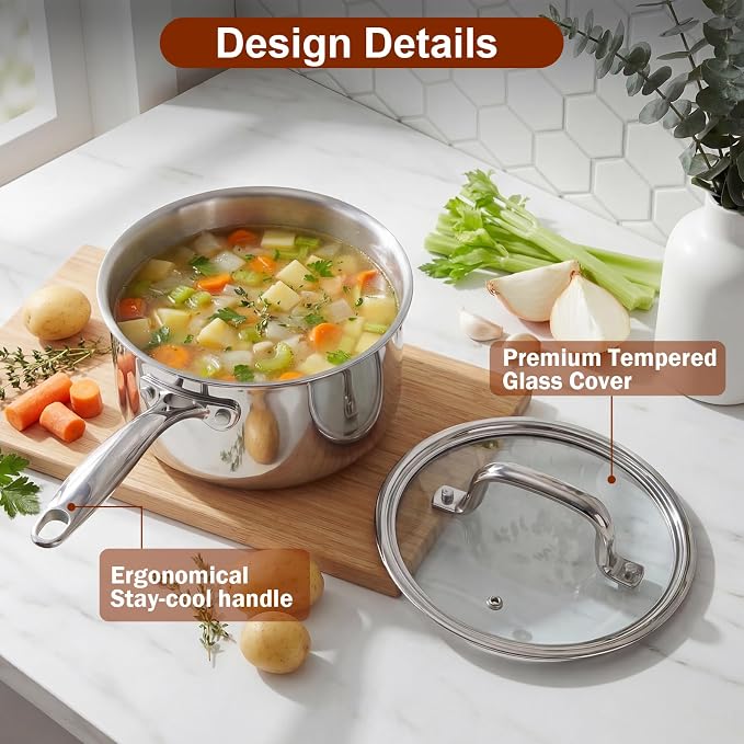 Cook N Home Classic 1.5 Quart Stainless Steel Saucepan with Glass Lid | Fully Tri-Ply Clad Small Sauce Pan, Stay-Cool Riveted Handle, Versatile for All Cooktops, Dishwasher & Oven Safe