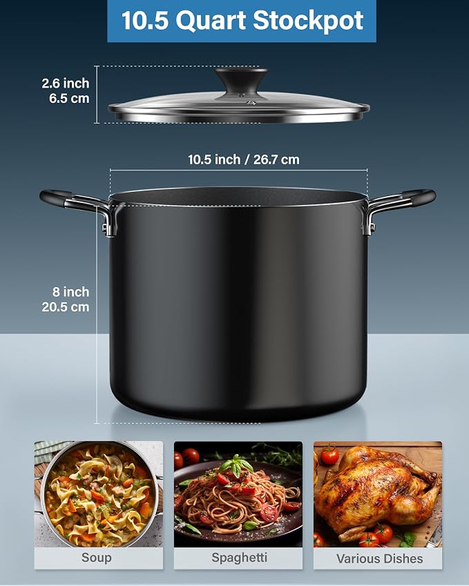 Cook N Home 10.5 Quart Non Stick Stock Pot with Lid, Large Pots for Cooking | Nonstick Soup Pot, Stockpot Induction Cookware - Oven & Dishwasher Safe, Black