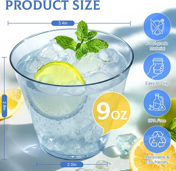 Glowserve 9 OZ Blue Disposable Plastic Cups Cocktail Cup 150 Pack | Fancy Cocktail Cup,Stemless Wine Glass,Wedding Wine Glasses,Graduation Birthday,World Cup,Party Essentials
