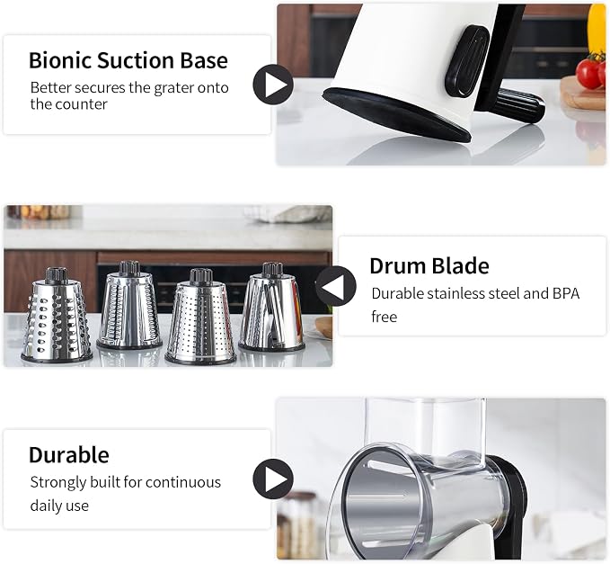 Weltonhm 4 in 1 Large Cheese Grater Hand Crank Rotary (White 4 Graters) | Cheese Shredder Rotary and Slicer with 4 Stainless Steel Blades for Vegetables, Veggie and Cheese, Stronger Suction Base