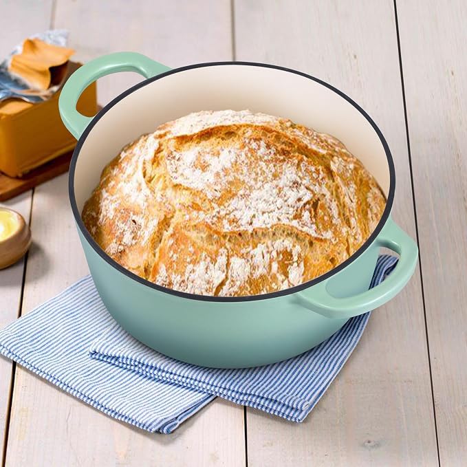 E-far 3 Qt Enameled Cast Iron Dutch Oven with Lid, Small Round Nonstick Dutch Oven Pot for Bread Baking Braising Stews Roasting Cooking, Heavy Duty, Induction & Oven Safe - Sage Green
