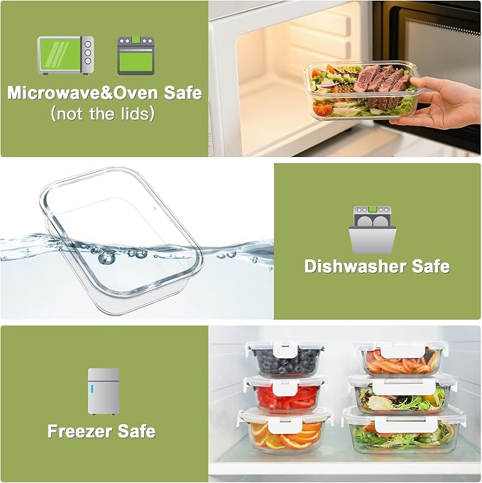 BAYZZ 24 Piece Glass Food Storage Containers with Lids, Airtight Glass Meal Prep Containers for Kitchen, BPA-Free Lunch Box, Microwave and Freezer Safe,White