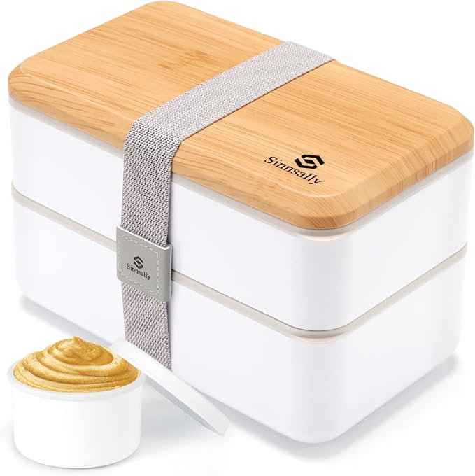 Sinnsally Lunch Box for Adult,1400ml Stackable Japanese Bento Lunch Box for Women,Lunch Containers with Food Compartments,Rectangle Bento Box with Cutlery Set,Leak-proof,Microwave Safe (White)