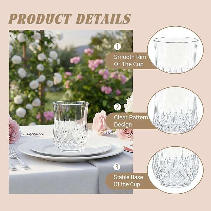100 Pack Plastic Stemless Wine Glasses, 12oz Unbreakable Wine Cups | Reusable Fancy Vintage Drinking Glass Bulk for Cocktail, Whiskey, Juice, Elegant Decor for Wedding, Party & Holiday Events