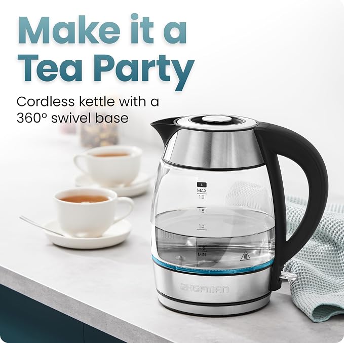 Chefman Electric Kettle 1500W, 1.8L Hot Water Boiler, Removable Lid for Easy Cleaning, LED Indicators, Auto Shutoff & Boil-Dry Protection, Borosilicate Glass Electric Tea Kettle – Stainless Steel