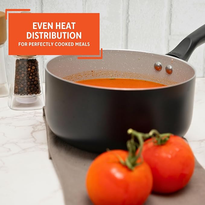 IMUSA 2 Qt Premier Cera Aluminum Gray Speckled Ceramic Saucepan, Black | Ceramic Nonstick, Glass Lid with Helper Handle, Deep Sauté Pan, Ideal for Family Cooking