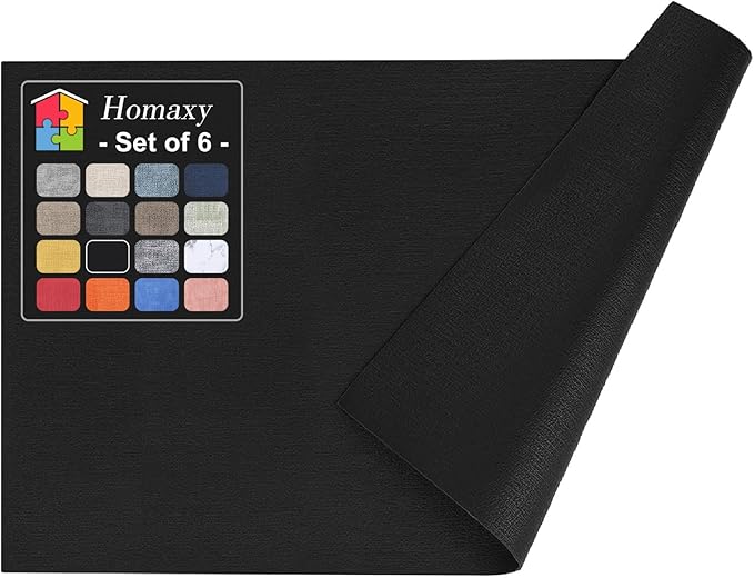 Homaxy PU Faux Leather Placemats for Dining Table, Set of 6, Black | Waterproof Wipeable Washable Table Mats, Easy to Clean Anti-Slip Place Mats, 11.8" x 17"