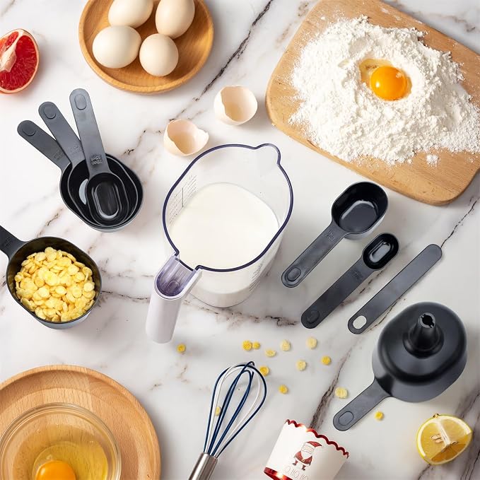 COOK WITH COLOR Measuring Cup Set - 9 PC. Nesting Stackable Liquid Measure Cup, Dry Measuring Cups and Spoons with Funnel and Scraper (Black)