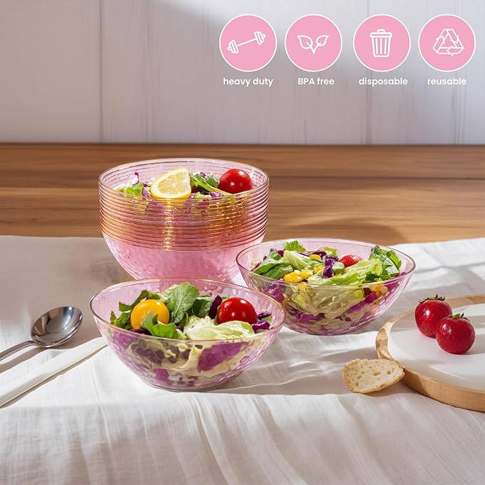 Rubtlamp 30 Pack Clear Pink Disposable Bowls, Clear Plastic Bowls with Gold Rim, 12-16oz Premium Heavy Duty Plastic Dinner Bowls for Party, Wedding and Holiday