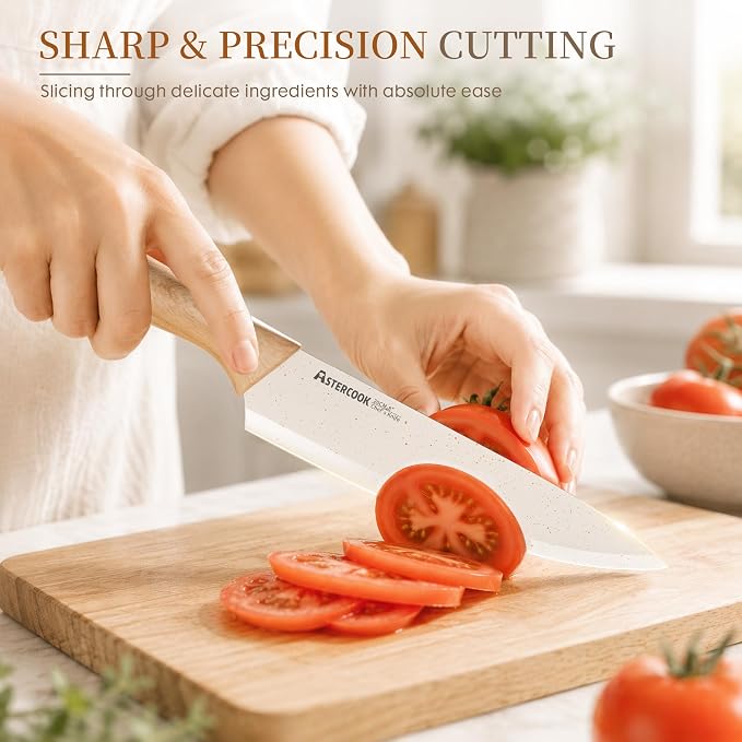 Astercook Knife Set, 13 Pieces Kitchen Knives Set with Ceramic Coating, Stainless Steel Chef Knife Sets with 6 Blade Guards, Dishwasher Safe Knives with Wood Grain Handle, Elegant White