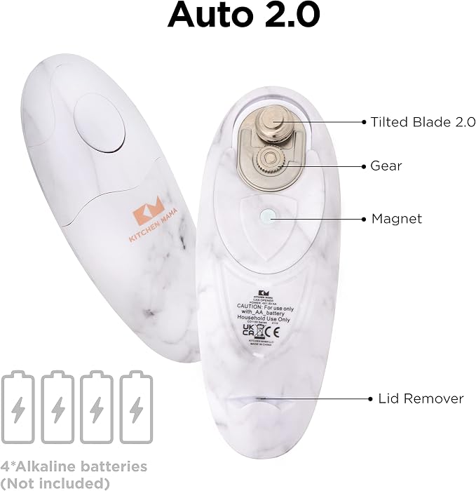 Kitchen Mama Auto 2.0 Electric Can Opener, Marble White | Refined Blade, Automatic Hands Free, Smooth Edge, Food-Safe, Battery Operated