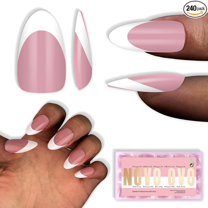 NOVO OVO White French Tip Almond Nail Tips Press on BERRY PINK, Extra Thick Medium Soft Gel Fake Nail Acrylic Extension, Need Builder Gel Top Coat, No Glue Included, for Salon DIY x 15 Sizes 240 pcs