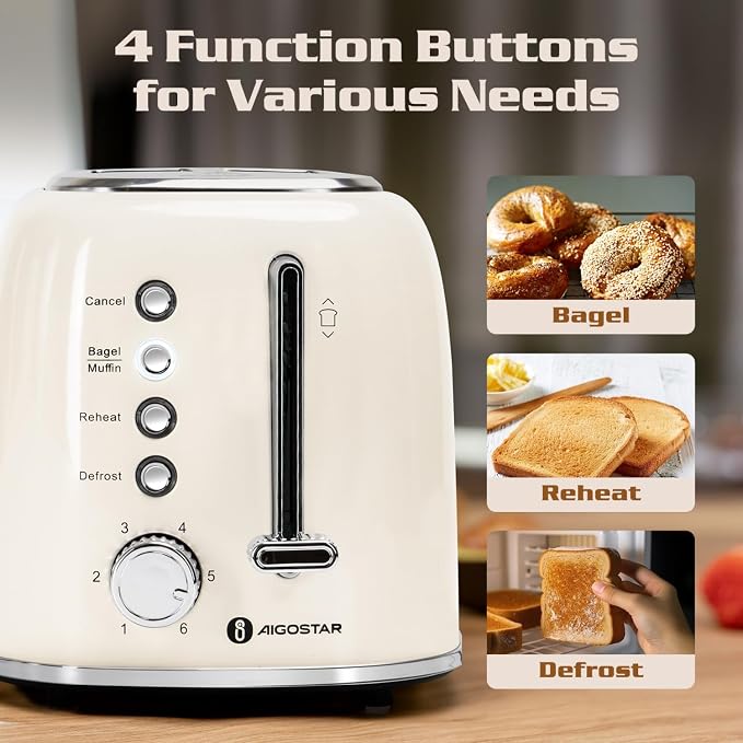 Aigostar Toaster 2 Slice, Retro Extra-Wide Slot, Cream White | Best Rated Prime, For Toasting Bagels, Breads, Waffles & More, Cancel, Defrost & 6 Browning, Removable Crumb Tray