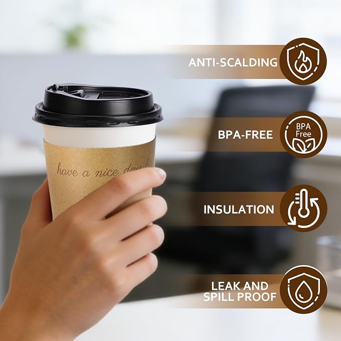 BYSNOW 100 pack 10 oz Disposable Coffee Cups with Lids White To Go Cups | To Go Coffee Cups with Lids, Sleeves and Stirring Sticks, for Home, Office, Cafes and Party (White 10oz)