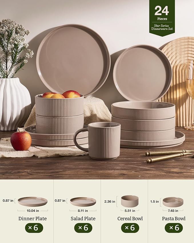 Famiware Stoneware Dinnerware Set with Pasta Bowls, 24pc Brown Dishes for 6 | Ceramic Double Bowls & Flat Plates, Chip & Scratch Resistant, Microwave & Dishwasher Safe, Everyday Dining, Rustic Modern