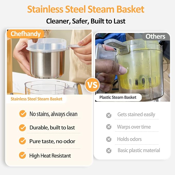 Chefhandy Baby Food Maker, One-Step Steamer & Blender, Yellow | Stainless steel basket, BPA-free food-contact parts, Adjustable texture, Homemade baby meals, 6 food pouches, Recipe guide