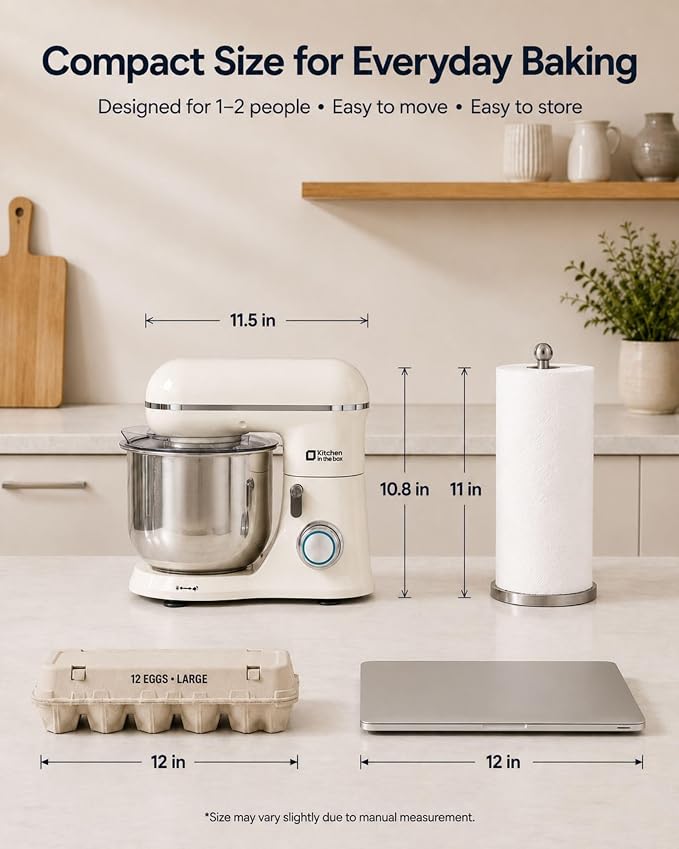 Kitchen in the Box Stand Mixer, 3.5 QT Small Kitchen Electric Dough Mixer | 10-Speed, for 1–2 People, Beginner-Friendly, with Dishwasher-Safe Dough Hook, Beater & Egg Whisk, Cake, White