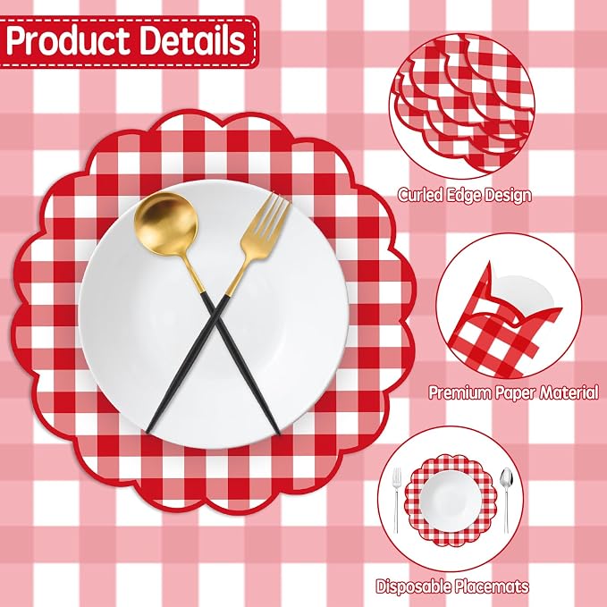 50Pcs Checkered Paper Placemats Red Gingham Place Mats 13.5 Inch Scalloped Checkered Place Mats Disposable Table Placemats for Baby Showers Wedding Birthday Tea Parties Dinner Table Decorations