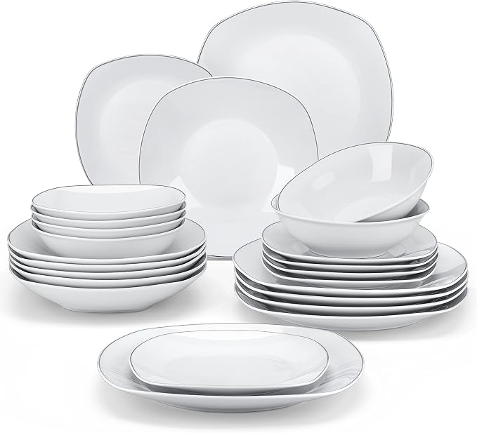 MALACASA Dinnerware Sets, 24 Piece Porcelain Square Dishes, White with Silver Rim Plates and Bowls Sets, Ceramic Dish Set for 6, Chip Resistant Dishware Sets, Series ELISA | White Ceramic Plates and Bowls Sets for Serving, Chip Resistant, Microwave & D...