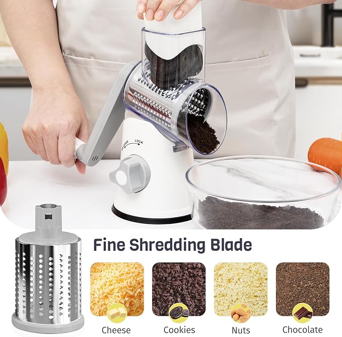 Rotary Cheese Grater Hand Crank, 3 Blades Slicer Shredder, Cheese Grater for Kitchen, Multi-Functional Kitchen Tool for Vegetables, Nuts, Chocolate, with Strong Suction Base, White