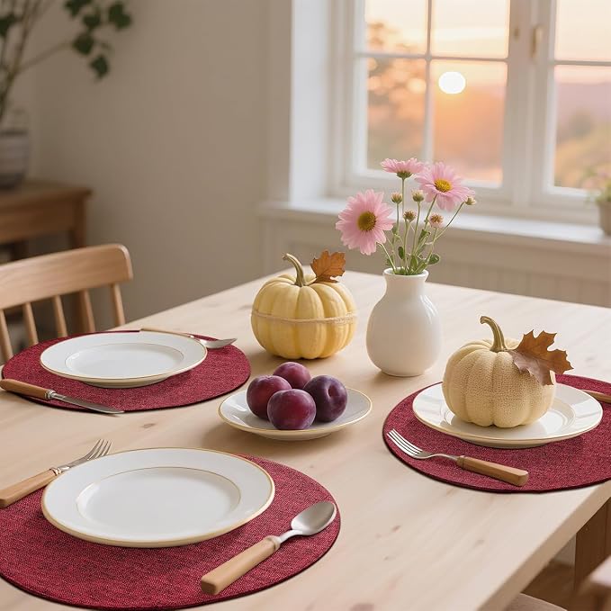 Cotton Linen 15 Inch Round Cloth Place mats, Set of 4, Red | Washable Table Mats, Heat Resistant, Reversible, Wipeable Place Mats for Indoor Outdoor