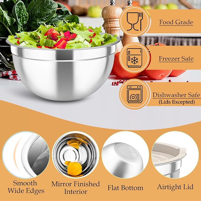 TeamFar Mixing Bowls, Stainless Steel Nesting Salad Bowls Set | Mixing Bowls with Lids & 3 Grater Attachments, For Mixing/Serving/Storing, Non-toxic & Long-lasting, 4.6/3/1.5 QT, Khaki
