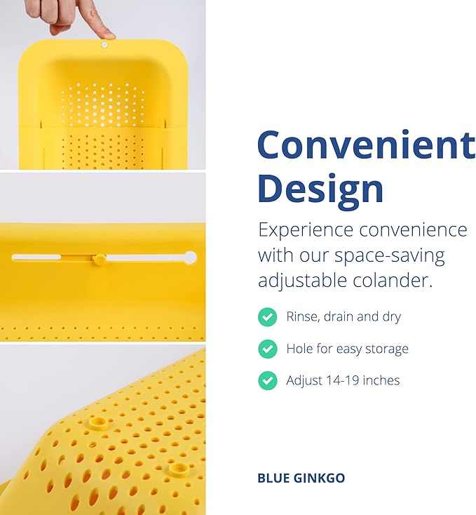 Blue Ginkgo Over Sink Colander, Extendable Kitchen Strainer, Yellow | Fits Most Sinks. Rinse, Drain and Dry with Ease.