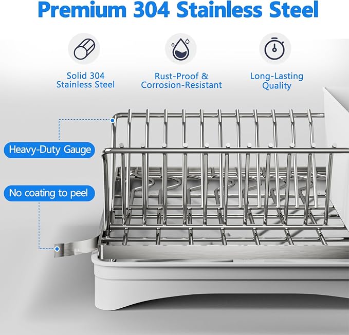 ANTOPY 304 Stainless Steel Dish Drying Rack for Kitchen Counter, Gray | Rustproof Dish Drainer with Removable Cutlery Holder, Self-Draining Drainboard, Compact Kitchen Drying Rack, 16.5''Lx11.8''W