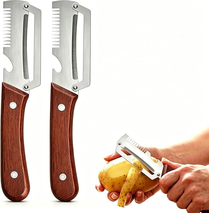 Premium Vegetable Peeler with Wooden Handle and Bottle Opener: 2-in-1 Stainless Steel Kitchen Tool for Fruit Apple Potato Pumpkin Papaya (2pcs)