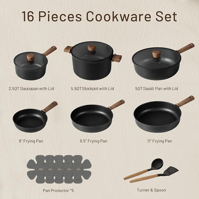 CAROTE 16pcs Pots and Pans Set, Nonstick Cookware Sets | Titanium Reinforced Coating, Scratch-Resistant, Easy to Clean, Even Heating, Induction Compatible, with Frying Pans Set