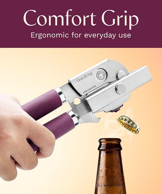 Heavy Duty Manual Can Opener with Magnetic Lid Lifter, Mauve | Premium Stainless Steel Body, Sharp Cutting Blade, Oversized Easy-Turn Knob, Soft-Touch Handle, Bottle Opener, Kitchen Use