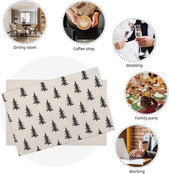 Christmas Set of 4 placemats, Black Christmas Trees Decorative Table Mat 12 x 18 Inch Heat Resistant Non Slip Line Fabric Xmas Holiday Place mat for Party Kitchen Dining Decor