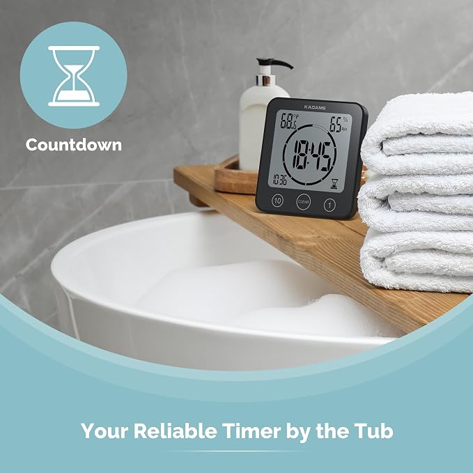 KADAMS Shower Clock Waterproof Bathroom Timer – Digital Wall Clock with Countdown, Magnetic Kitchen Clock with Temperature & Humidity, Suction Cup for Kids Shower Spa Cook Bath (Black)