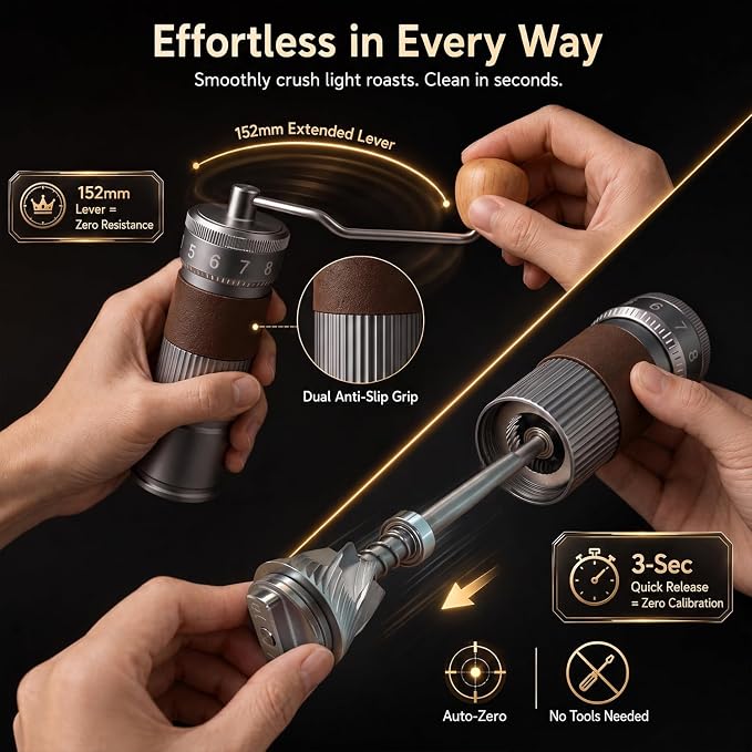 Manual Coffee Grinder, 7-Star CNC Burr, Top Adjustment, Gunmetal