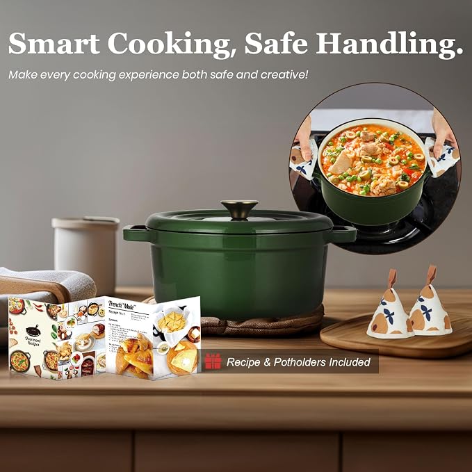 Overmont Enameled Cast Iron Dutch Oven - 5QT Pot with Lid Recipe Potholders | Pre-Seasoned Dutch Oven with Moisture-Sealing Lid, Oven Safe to 500°F, Heavy-Duty Cookware for Braising Stews Roasting Baking