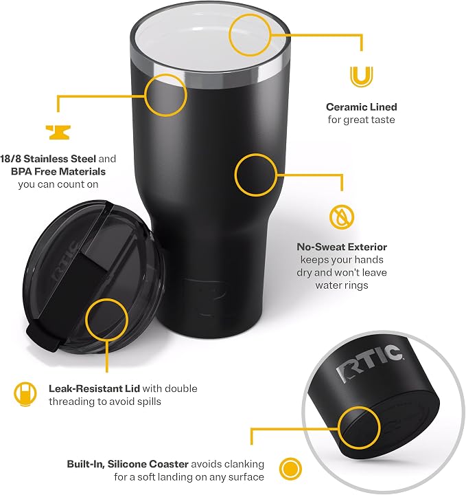 RTIC 40oz Essential Tumbler with Lid, Ceramic Lined, Black | Insulated, Stainless Steel Metal, Portable Travel Cup for Hot and Cold Drinks, Coffee, Car, Camping and Travel